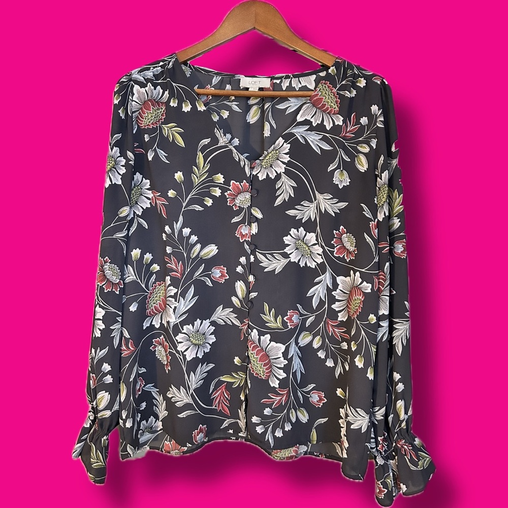 LOFT Gray Floral Relaxed Blouse